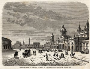 View of a square in Santiago, drawing by Lancelot, to illustrate the journey to South America, in 1823, by Giovanni Mastai Ferretti. Engraving in 