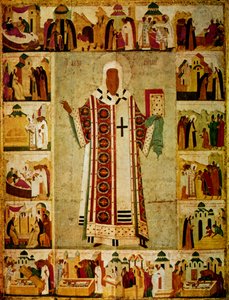 Metropolitan Alexius surrounded by scenes from his life, Russian, 1480