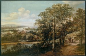 Wide River Landscape with a Rider and Other Figures in the Foreground by Dionys Verburg