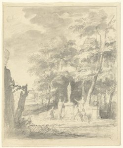 Arcadian Landscape with Figures Around a Statue by Dionys van Nijmegen (possibly)