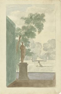Design for a Wall Decoration in a Hall: View of a Garden with a Statue, Fountain and Urns by Dionys van Nijmegen (possibly)