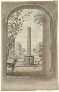 Design for a Room Painting with a View Through an Open Door into a Garden with a Fountain