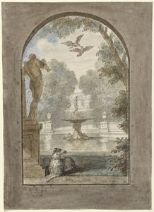 Design for a Room Painting with View into a Garden with Lying Dog, Fountain, and Statue
