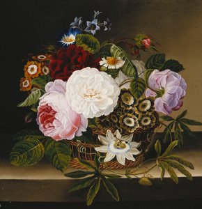 Roses and Other Flowers in a Basket on a Ledge