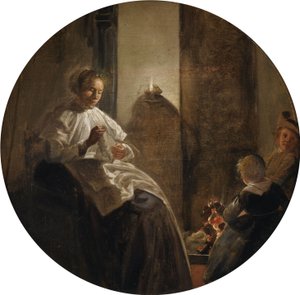A Woman Sewing by Candlelight