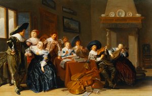 Elegant Figures with Instruments Seated at a Table and a Young Lady Singing in an Interior by Dirck Hals