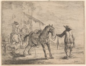 A Pissing Horse Held by a Man by Dirck Stoop