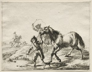 A boy taking a horse to drink by Dirck Stoop
