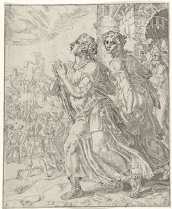 Judith and Her Maid Leaving Bethulia (series title: Judith and Holofernes) by Dirck Volckertsz. Coornhert (attributed to)