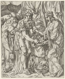 Judith Puts the Head of Holofernes in a Bag (series title: Judith and Holofernes) by Dirck Volckertsz. Coornhert (attributed to)
