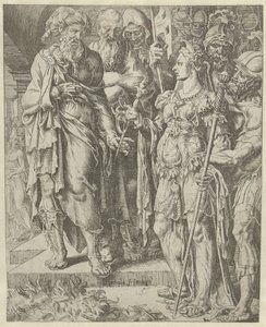 Tamar Shows the Pledge (series title: History of Judah and Tamar) by Dirck Volckertsz. Coornhert (attributed to)
