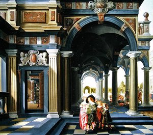 Elegant figures in a loggia by Dirck van Delen