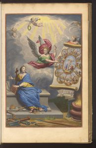 Title Page with Angel Showing the Martyrdom of Christ and the Twelve Apostles to Chained Faith (The History of the New Testament)
