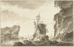 Rocky Coast with Ships and Fishermen by Dirk Kuipers