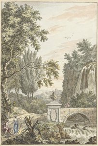 Arcadian Forest Landscape with a Waterfall, a Bridge, and Three Young Men by Dirk Versteegh