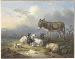 Landscape with Donkey, Goat, and Sheep by Dirk van Oosterhoudt