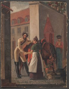 Street Scene. A Cavalryman Bidding Farewell to a Girl