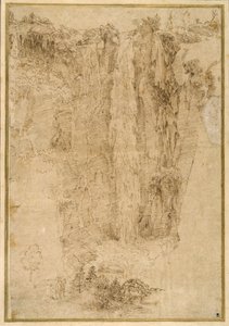 Landscape with a cascade; at the foot, two men, one mounted