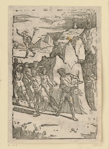 Allegory of Metal Extraction. The metals have left the interior of the mountain and flee as Vulcan (Hephaestus) urges them to follow him to the forge. From the series 