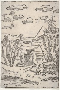 The Forger Standing by an Anvil Pulling a Man in Chains, from "The Various Operations of Alchemy"