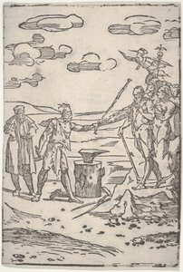 The Forger Standing by an Anvil Pulling a Man in Chains, from the Series The Various by Domenico di Pace Beccafumi  