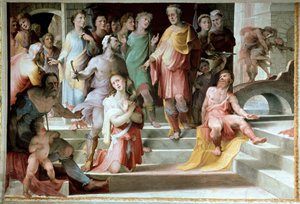 The sacrifice of Seleucos de Locres (Seleucus de Locride) Seleucos to blind his son, in order to punish him for a rape he had committed, preferred to lose one of his eyes. Fresco by Domenico di Giacomo di Pace dit Beccafumi (1486-1551) 1529-1535 Siena, Pal