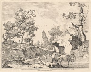 Landscape with Shepherdess and Herd at a Watering Hole by Domenico Bernardo Zilotti