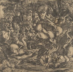 Group of Naked Men Engaged in Battle in a Wooded Landscape, Some on Horseback, a Dog at Their Feet, 1517 by Domenico Campagnola