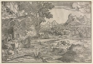 Landscape with Saint Jerome and Two Lions by Domenico Campagnola