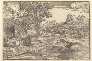 Landscape with Saint Jerome at left looking towards lion and bear fighting at center, ca. 1530-35 by Domenico Campagnola