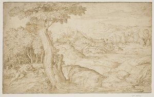 Landscape with a Town and a Sleeping Shepherd by Domenico Campagnola