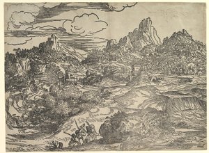 Landscape with Family Walking Together in the Foreground, at Left Two Figures by Domenico Campagnola