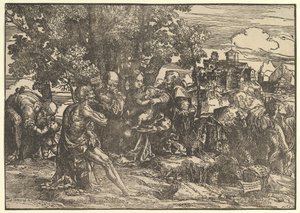 Mary Seated Beneath Trees with Baby, Flanked by Joseph at Left and St. Jerome at Right by Domenico Campagnola