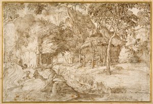 Pilgrims visiting St Jerome in the wilderness by Domenico Campagnola