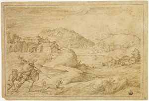River Landscape with Saint Roch and a Child Traveling with Dog by Domenico Campagnola