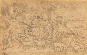 Shepherd Playing a Flute and Leading His Flock by Domenico Campagnola