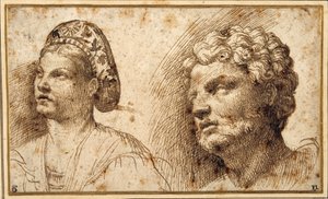 Study of the Head and Shoulders of a Young Woman Wearing a Balza, and of the Head of a Bearded Man