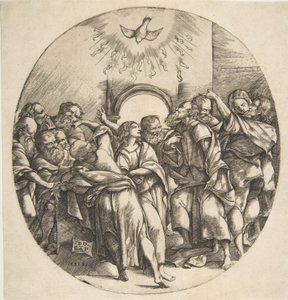 The Holy Spirit as a bird descending with spread wings at top center, the twelve Apostles, 1518 by Domenico Campagnola