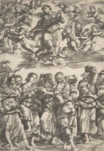 The Virgin at top center in clouds with clasped hands and right foot raised, surrounded by angels by Domenico Campagnola
