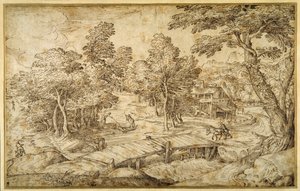 Wooded landscape with a farmstead and a wooden bridge over a sluice by Domenico Campagnola