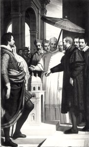 Michelangelo (1475-1564) presenting a model of the dome of St. Peters to Pope Paul IV (1476-1559)