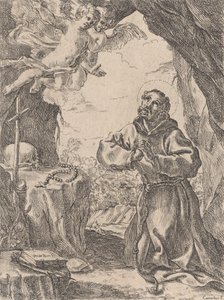 Saint Francis of Assisi, kneeling before a crucifix with two angels at upper left