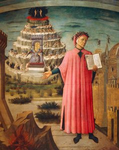Dante Alighieri with Divine Comedy in his hand and mountains of purgatory in background (detail)