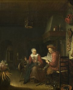 Interior with a Man Reading and a Woman Spinning Yarn by Domenicus van Tol