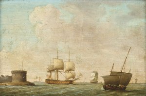Frigate passing a crowded lugger by Dominic (attributed to) Serres