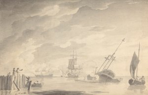 Battle Scene, Three Battleships, One Sinking; Figures on Left in Rowboat and Standing Pier by Dominic Serres