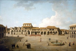 Havana Square, August and September 1762, Under British Occupation with a Troop of Soldiers in Red Uniforms, Description of the Buildings and Some English Sailors Near the Fountain by Dominic Serres