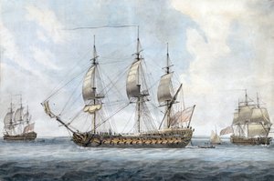 Portrait of a British 74-gun ship, in Solent, seen from three different angles