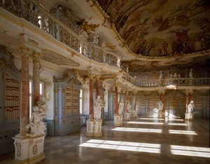 View of the library room of the Schussenried monastery realized by the architect Domenikus Zimmermann (18th century) Schussenried, Germany by Dominikus Zimmermann