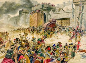 Samaria, fortress city of Israel, falling to the Assyrians
